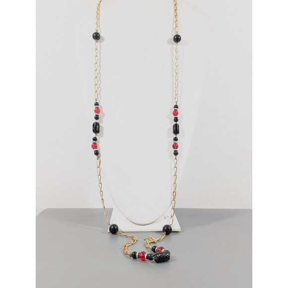 Cadoro Vintage Gold Tone Necklace Black Red Glass Lucite Long Opera Length 54" - Picture 2 of 9